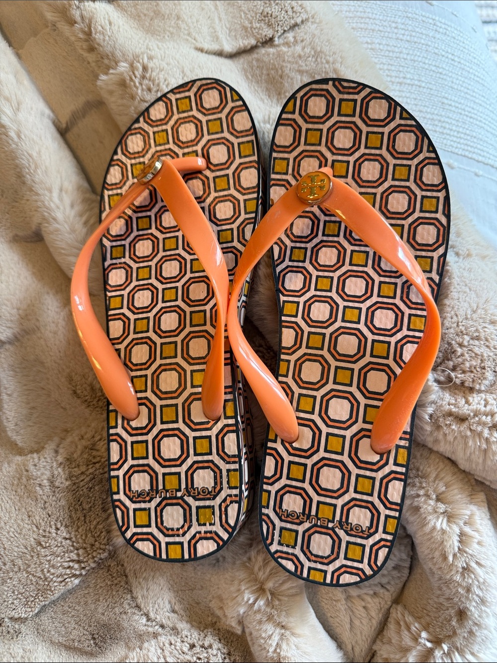 Tory Burch Peach-Orange Geometric Logo Flip Flops